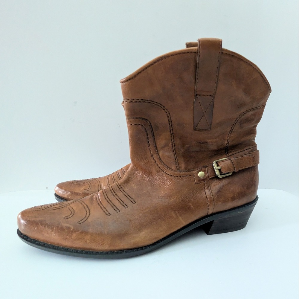 Women's Franco Sarto Brown Leather Western Ankle Boots Pointed Toe Booties 9.5 M